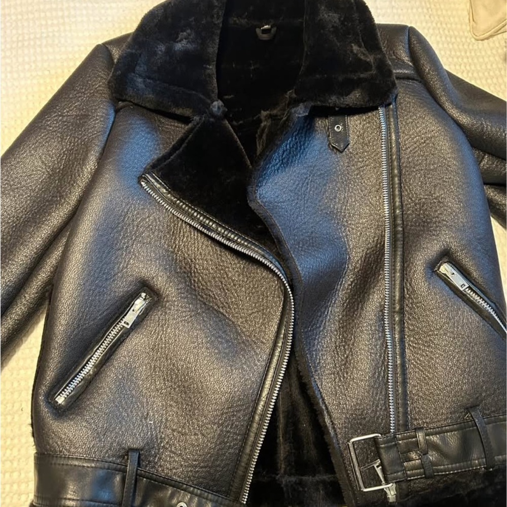 Black Faux Leather Shearling Biker Jacket